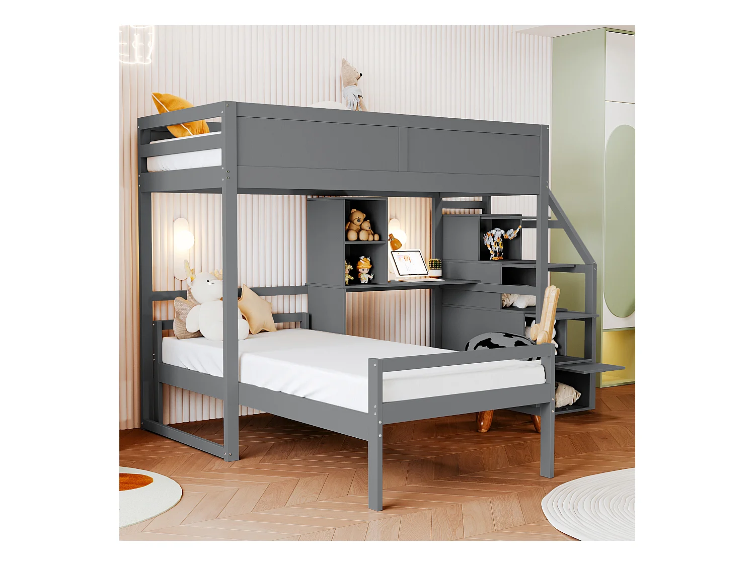 Literas 2 x 90 x 200 cm con escritorio, 4 cajones y estantes - madera de pino + MDF - gris (sin colchón)