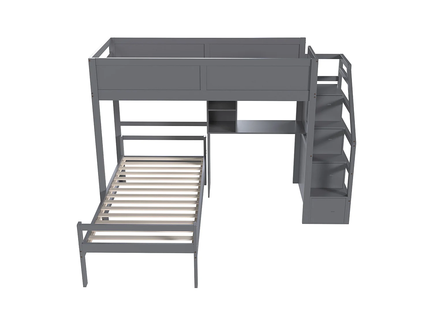 Literas 2 x 90 x 200 cm con escritorio, 4 cajones y estantes - madera de pino + MDF - gris (sin colchón)