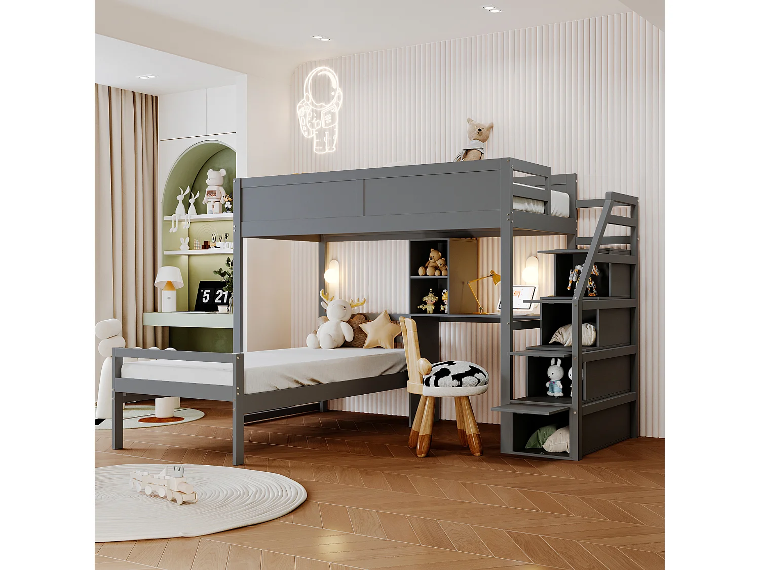 Lits superposés 2 x 90 x 200 cm avec bureau, 4 tiroirs et étagères - bois de pin + MDF - gris (sans matelas)