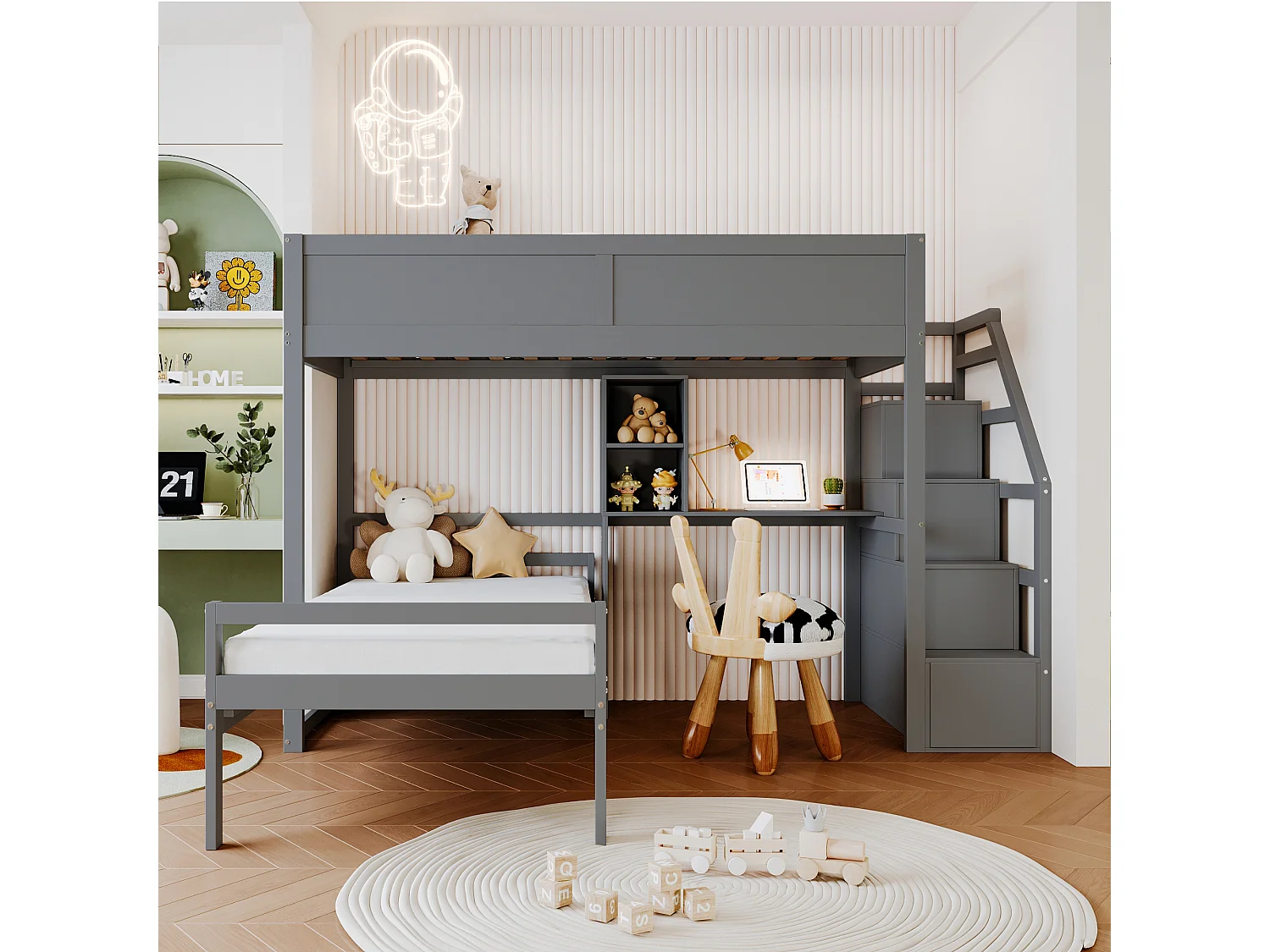 Lits superposés 2 x 90 x 200 cm avec bureau, 4 tiroirs et étagères - bois de pin + MDF - gris (sans matelas)