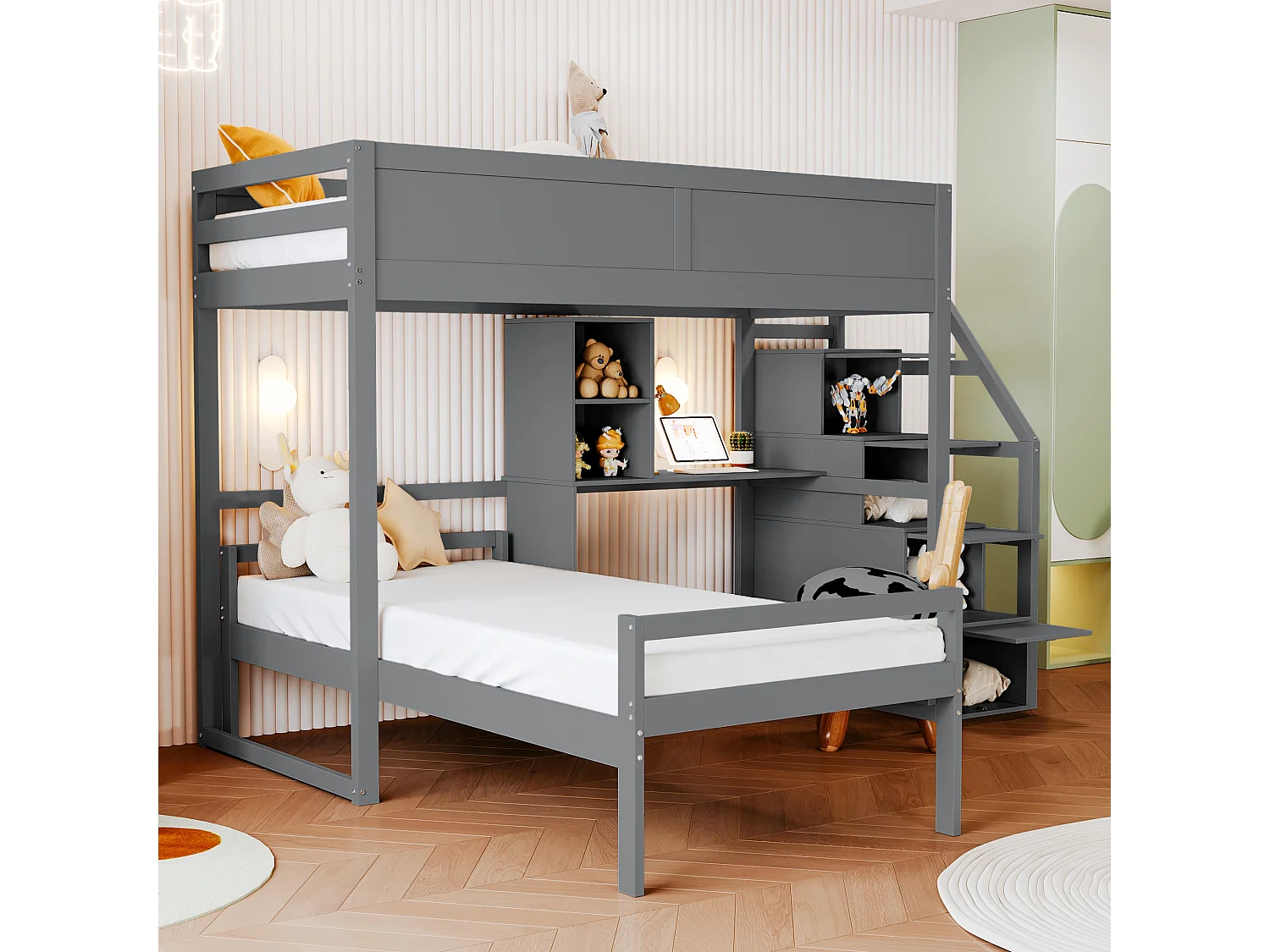 Lits superposés 2 x 90 x 200 cm avec bureau, 4 tiroirs et étagères - bois de pin + MDF - gris (sans matelas)