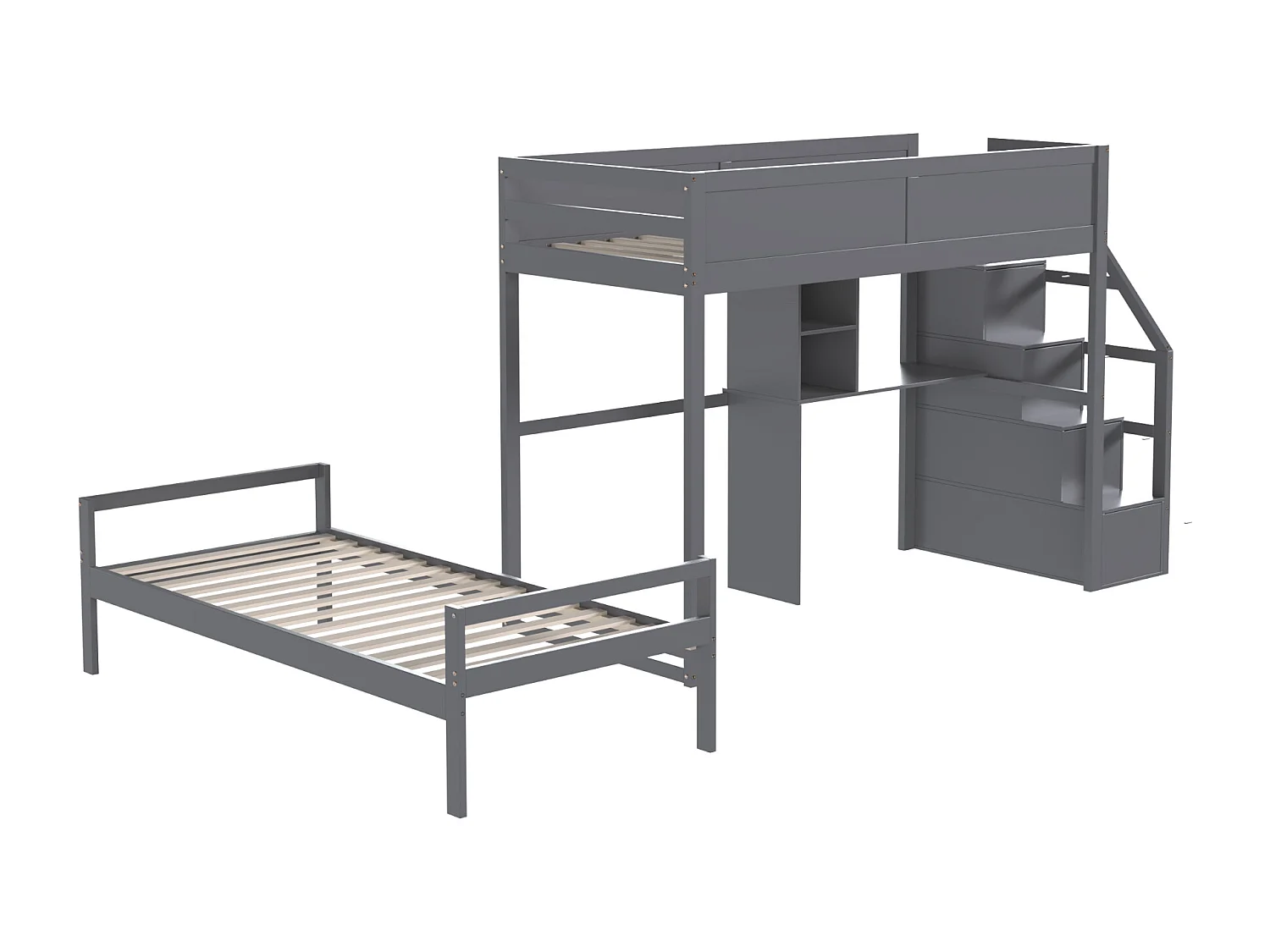 Lits superposés 2 x 90 x 200 cm avec bureau, 4 tiroirs et étagères - bois de pin + MDF - gris (sans matelas)