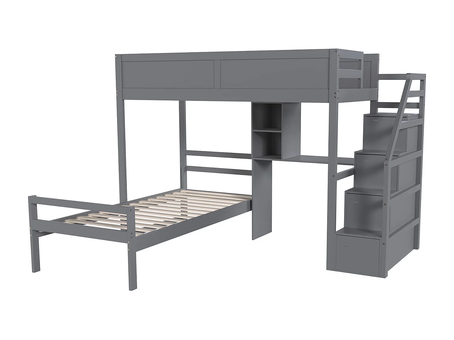 Lits superposés 2 x 90 x 200 cm avec bureau, 4 tiroirs et étagères - bois de pin + MDF - gris (sans matelas)
