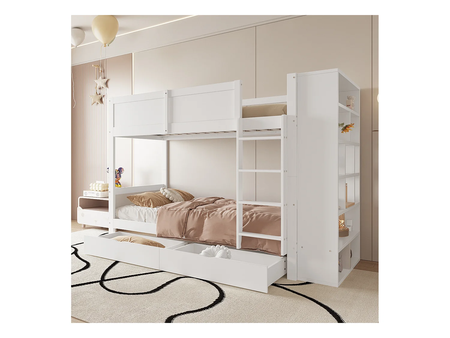 Lits superposés 2 x 90 x 200 cm avec 2 tiroirs et armoire latérale - bois de pin + MDF - blanc (sans matelas)
