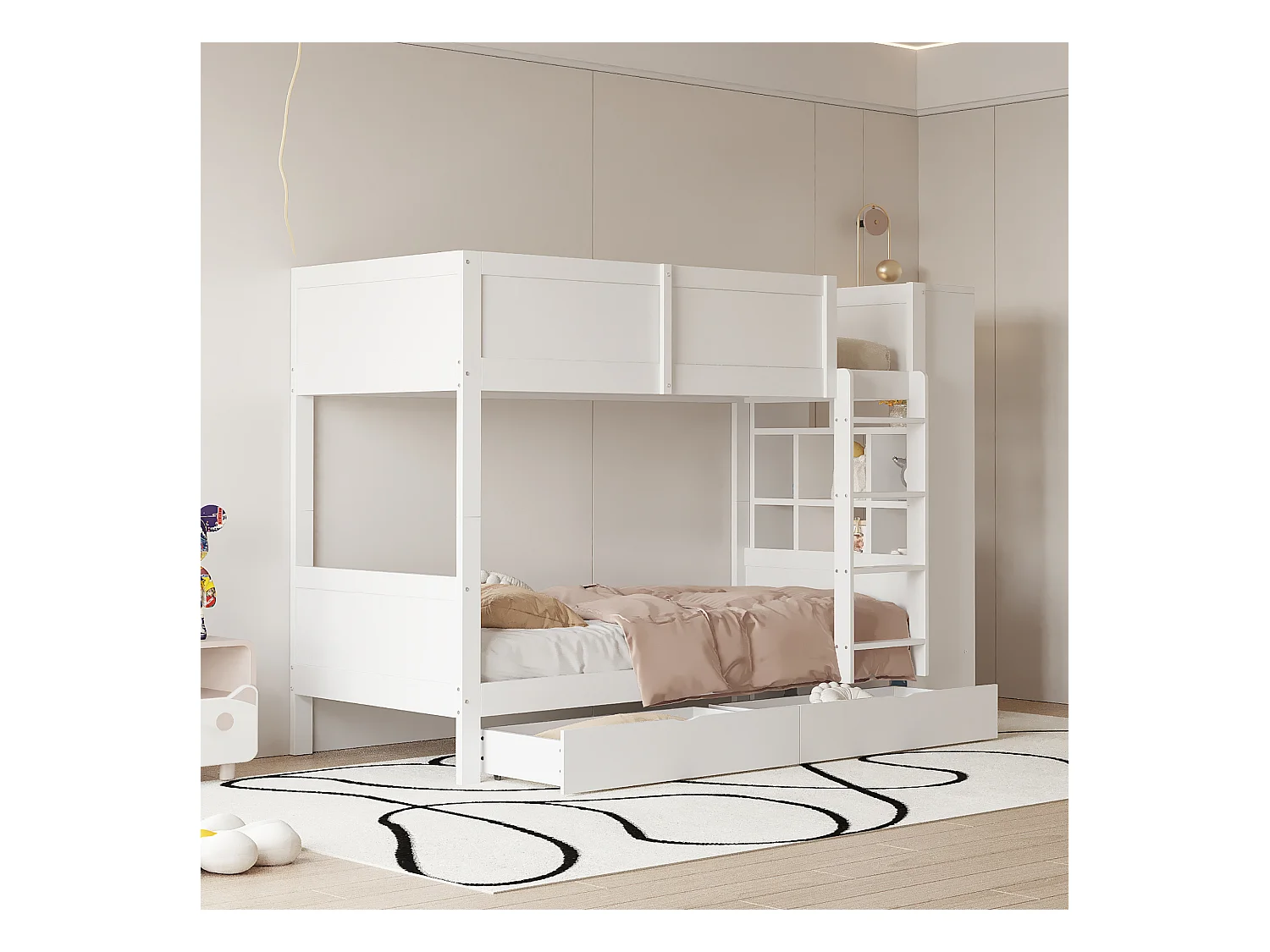 Lits superposés 2 x 90 x 200 cm avec 2 tiroirs et armoire latérale - bois de pin + MDF - blanc (sans matelas)