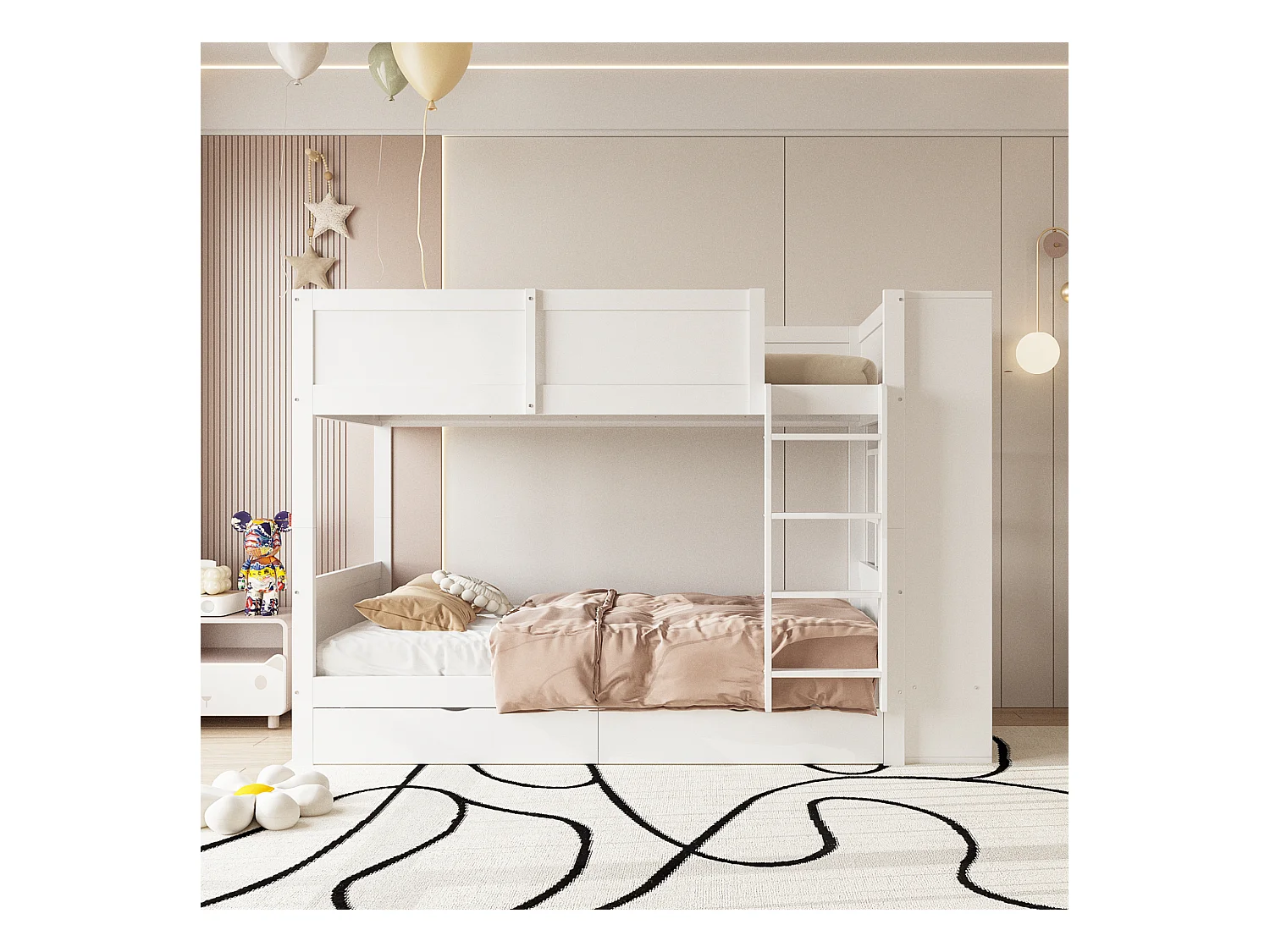 Lits superposés 2 x 90 x 200 cm avec 2 tiroirs et armoire latérale - bois de pin + MDF - blanc (sans matelas)