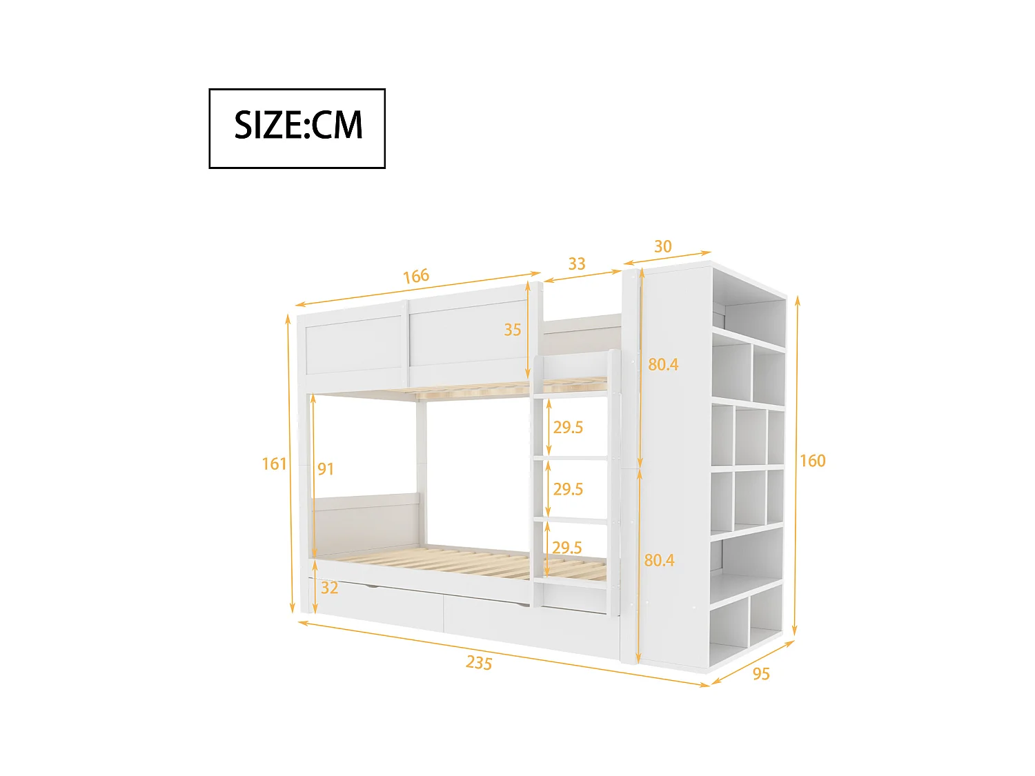 Lits superposés 2 x 90 x 200 cm avec 2 tiroirs et armoire latérale - bois de pin + MDF - blanc (sans matelas)