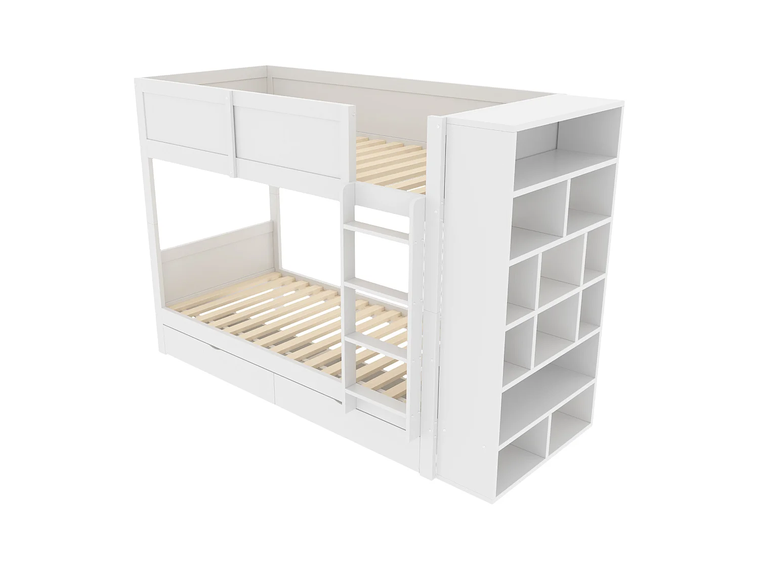 Lits superposés 2 x 90 x 200 cm avec 2 tiroirs et armoire latérale - bois de pin + MDF - blanc (sans matelas)