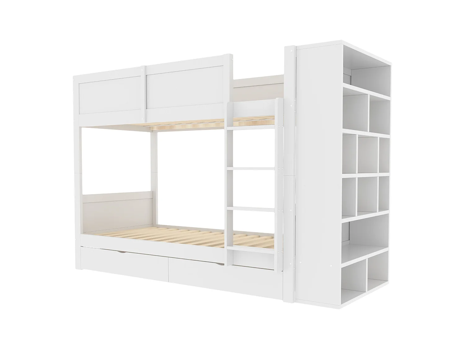 Lits superposés 2 x 90 x 200 cm avec 2 tiroirs et armoire latérale - bois de pin + MDF - blanc (sans matelas)