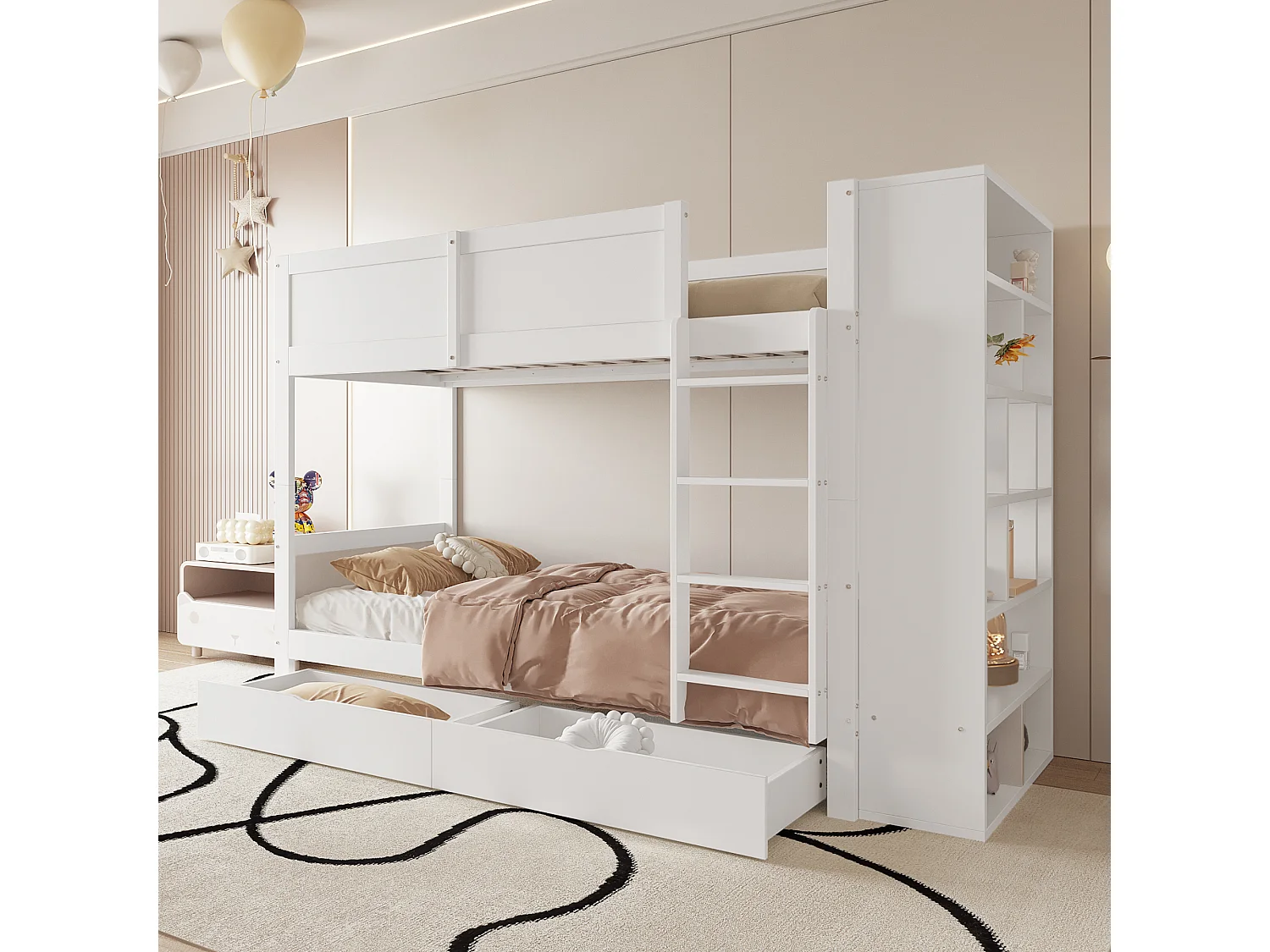Lits superposés 2 x 90 x 200 cm avec 2 tiroirs et armoire latérale - bois de pin + MDF - blanc (sans matelas)