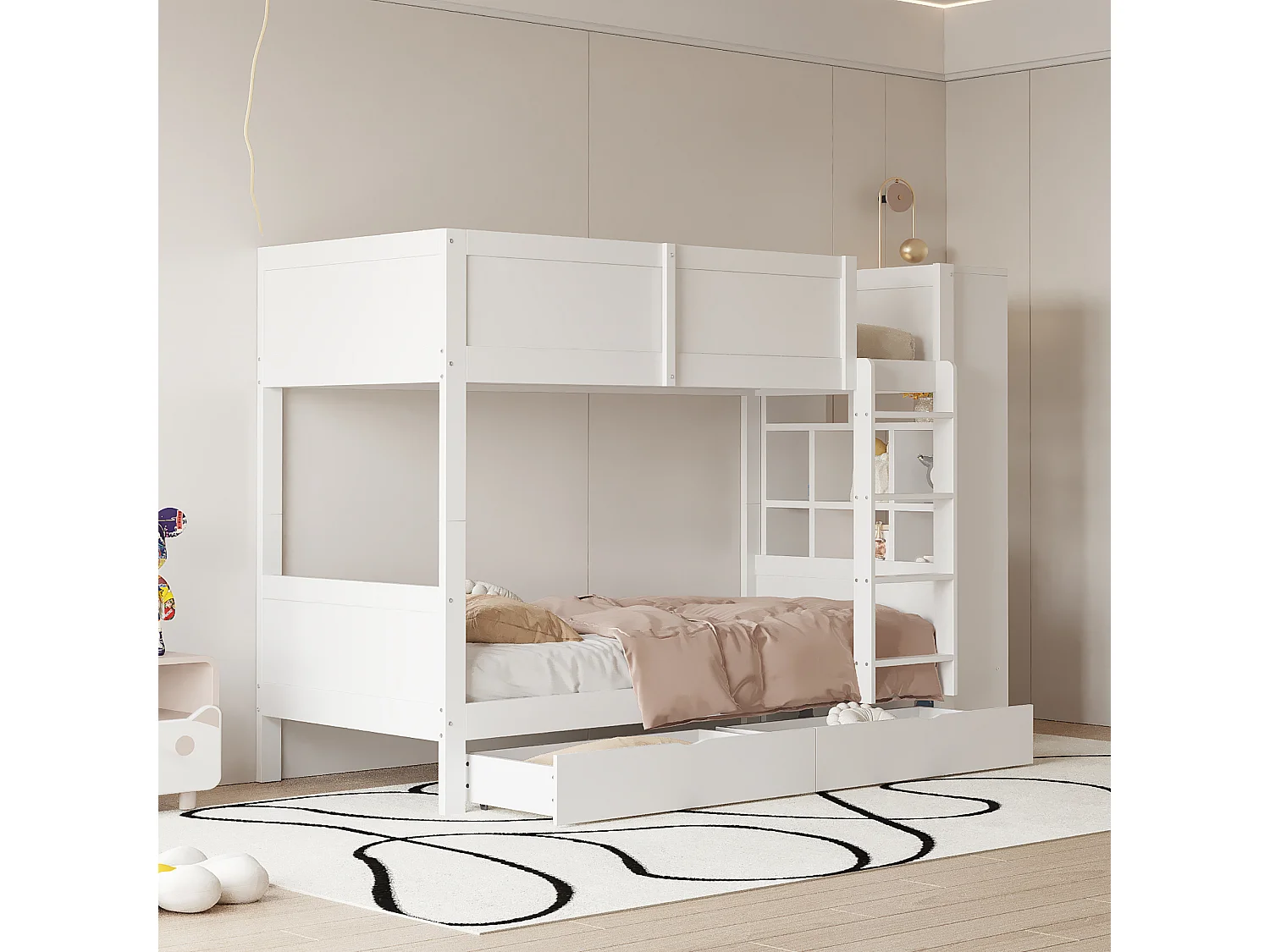 Lits superposés 2 x 90 x 200 cm avec 2 tiroirs et armoire latérale - bois de pin + MDF - blanc (sans matelas)