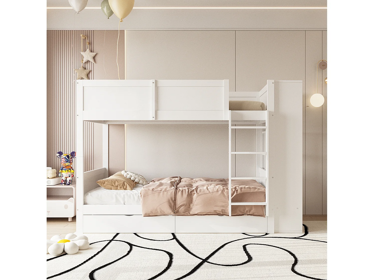Lits superposés 2 x 90 x 200 cm avec 2 tiroirs et armoire latérale - bois de pin + MDF - blanc (sans matelas)