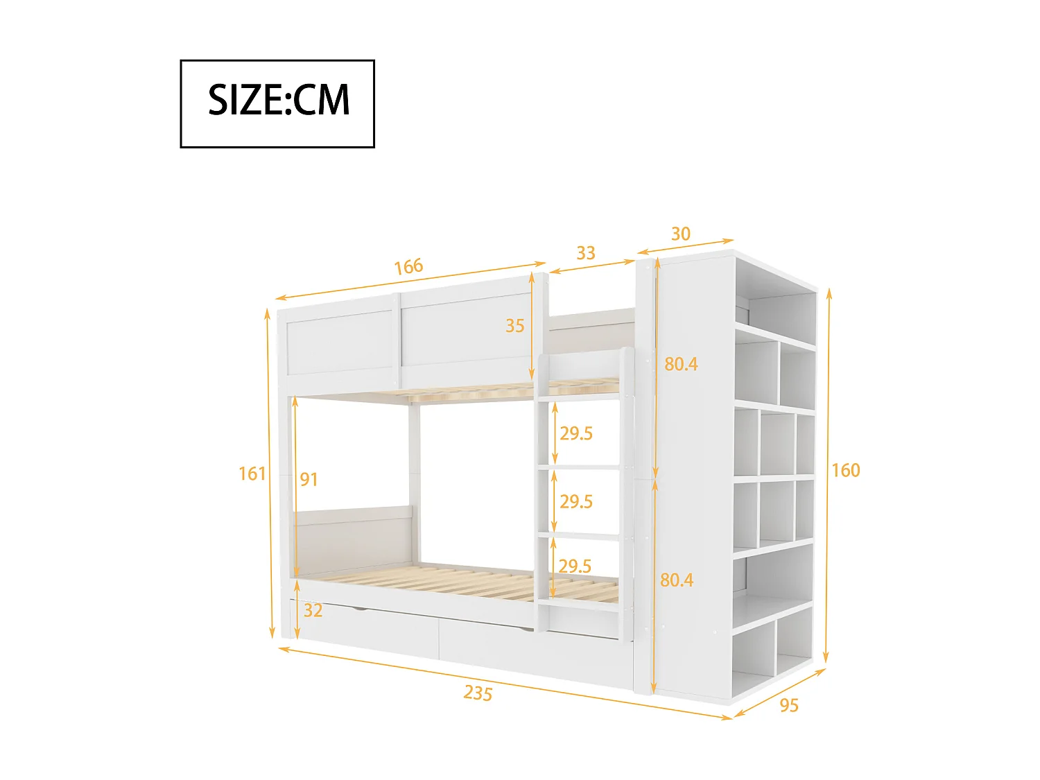 Lits superposés 2 x 90 x 200 cm avec 2 tiroirs et armoire latérale - bois de pin + MDF - blanc (sans matelas)