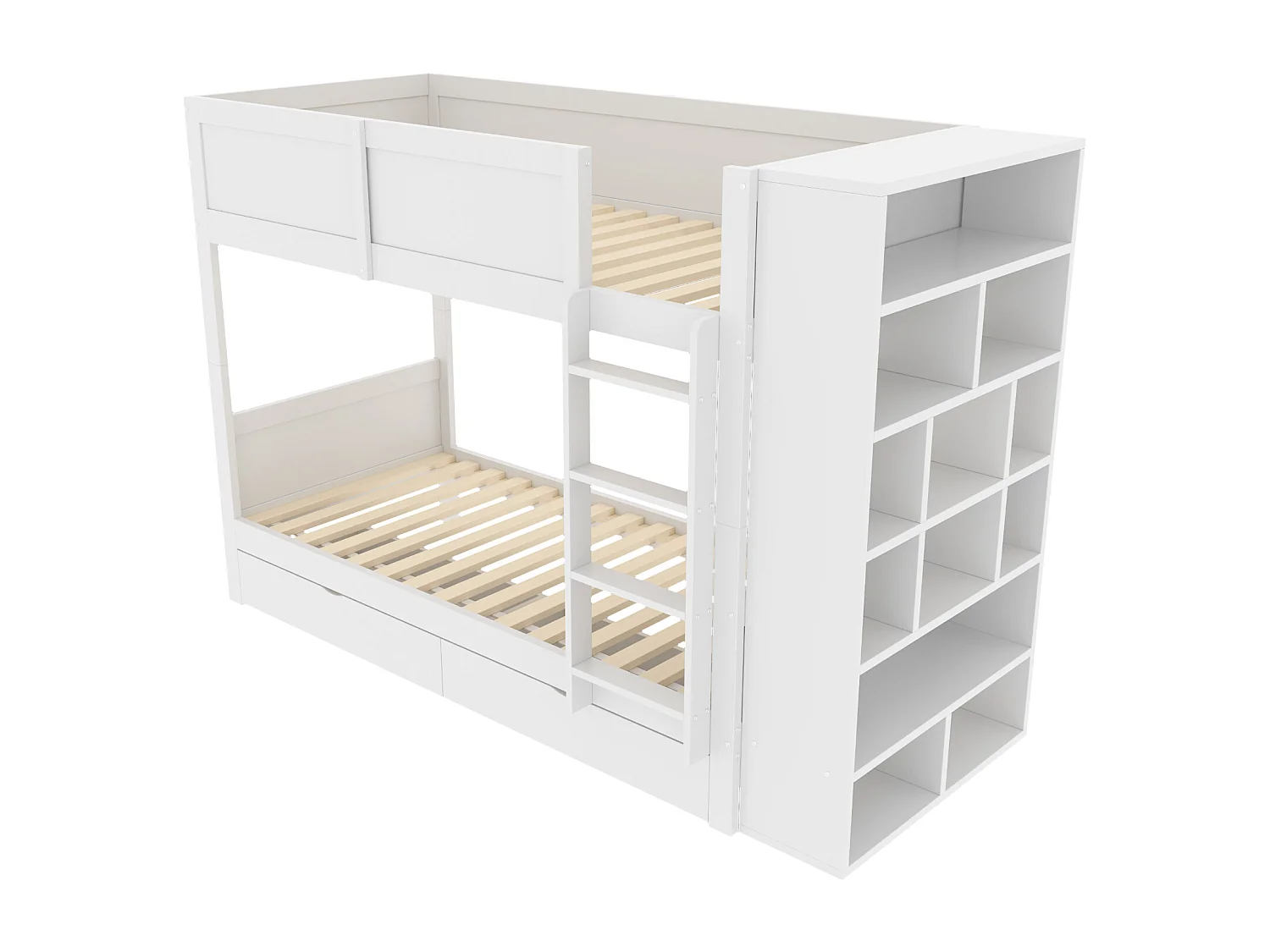 Lits superposés 2 x 90 x 200 cm avec 2 tiroirs et armoire latérale - bois de pin + MDF - blanc (sans matelas)