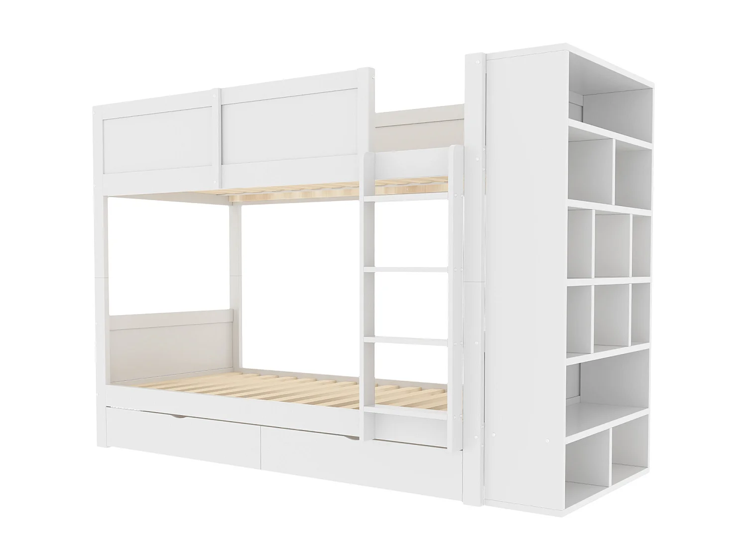 Lits superposés 2 x 90 x 200 cm avec 2 tiroirs et armoire latérale - bois de pin + MDF - blanc (sans matelas)