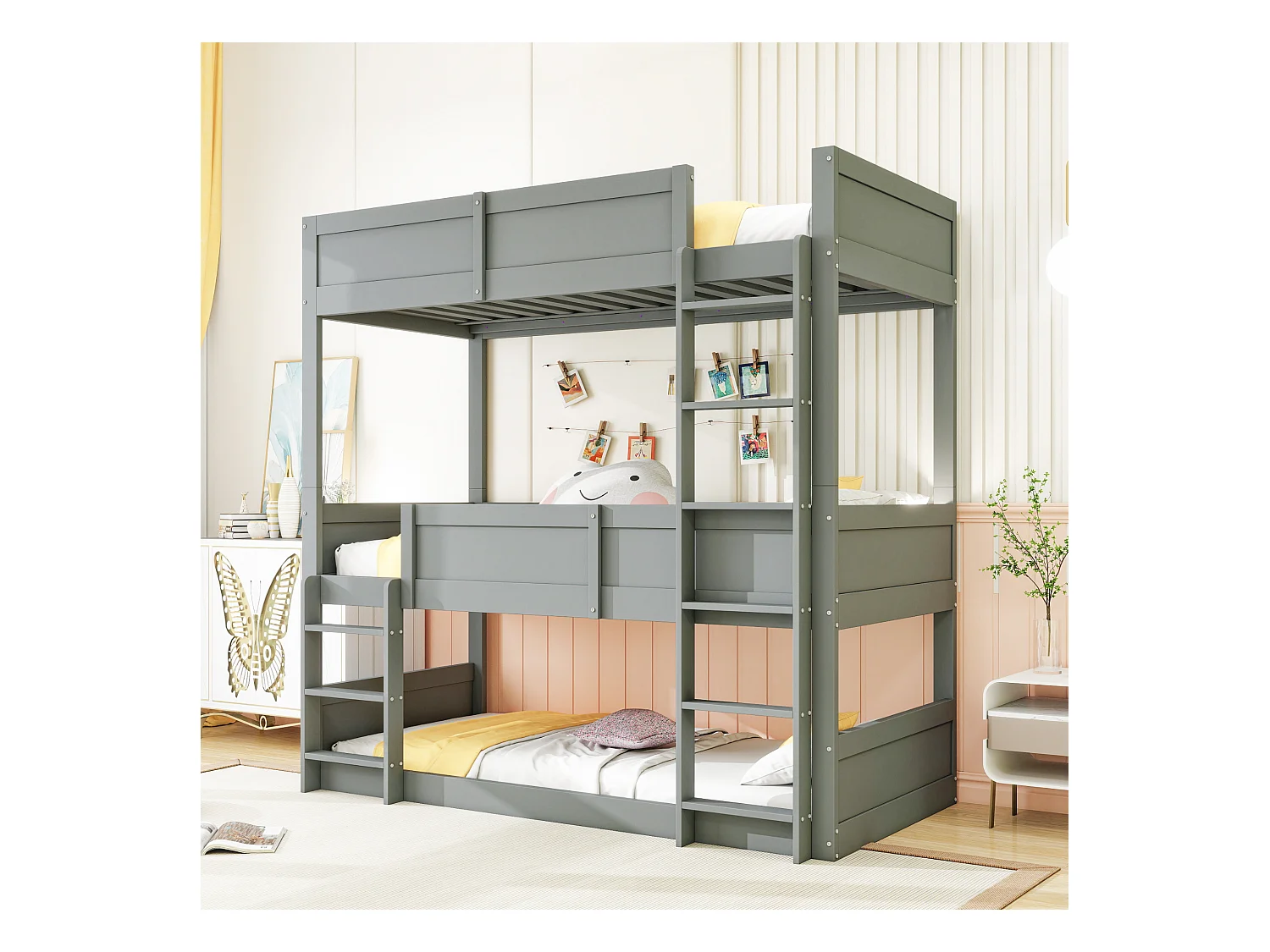 Lits superposés triples séparables 3 x 90 x 200 cm avec barrières de sécurité - bois de pin + MDF - gris (sans matelas)