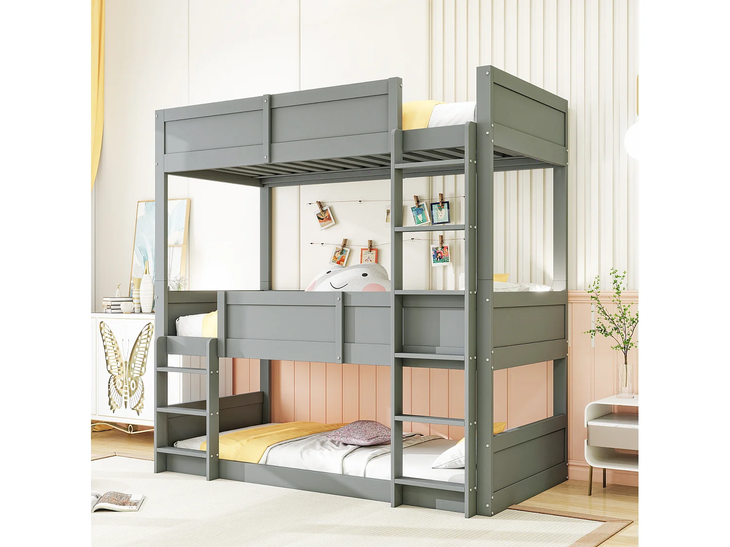 Łóżko piętrowe 3-osobowe 3 x 90 x 200 cm z barierkami - drewno sosnowe + MDF - szare (bez materaca)
