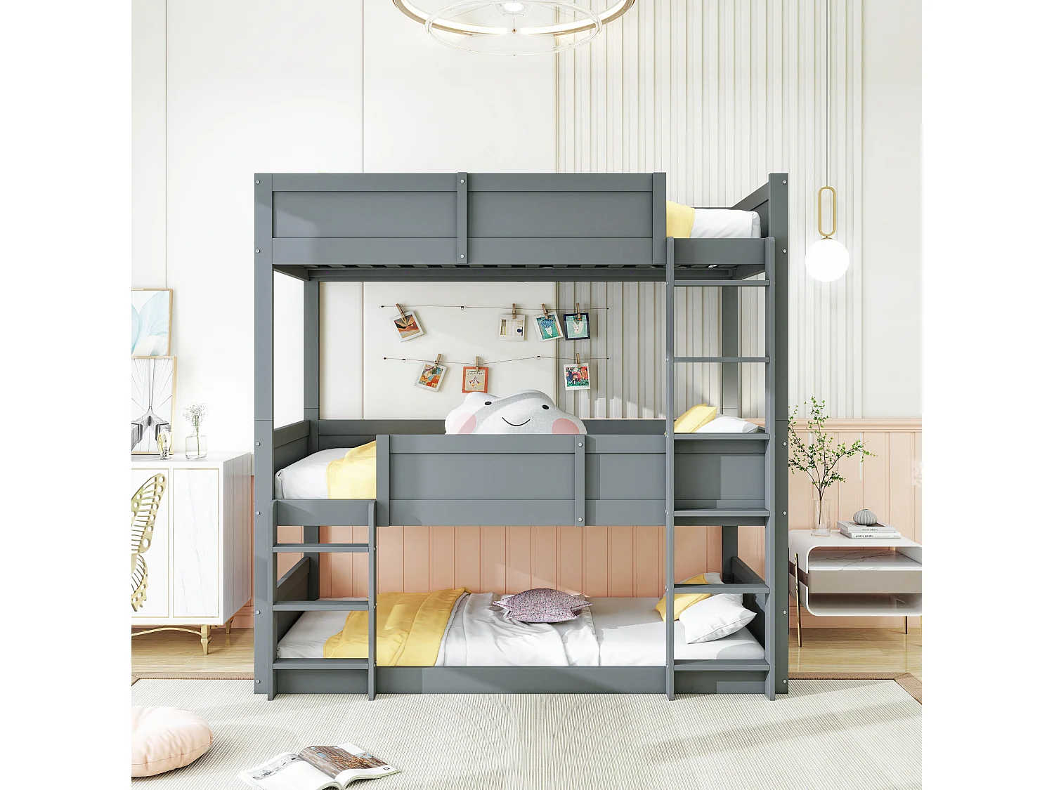 Łóżko piętrowe 3-osobowe 3 x 90 x 200 cm z barierkami - drewno sosnowe + MDF - szare (bez materaca)