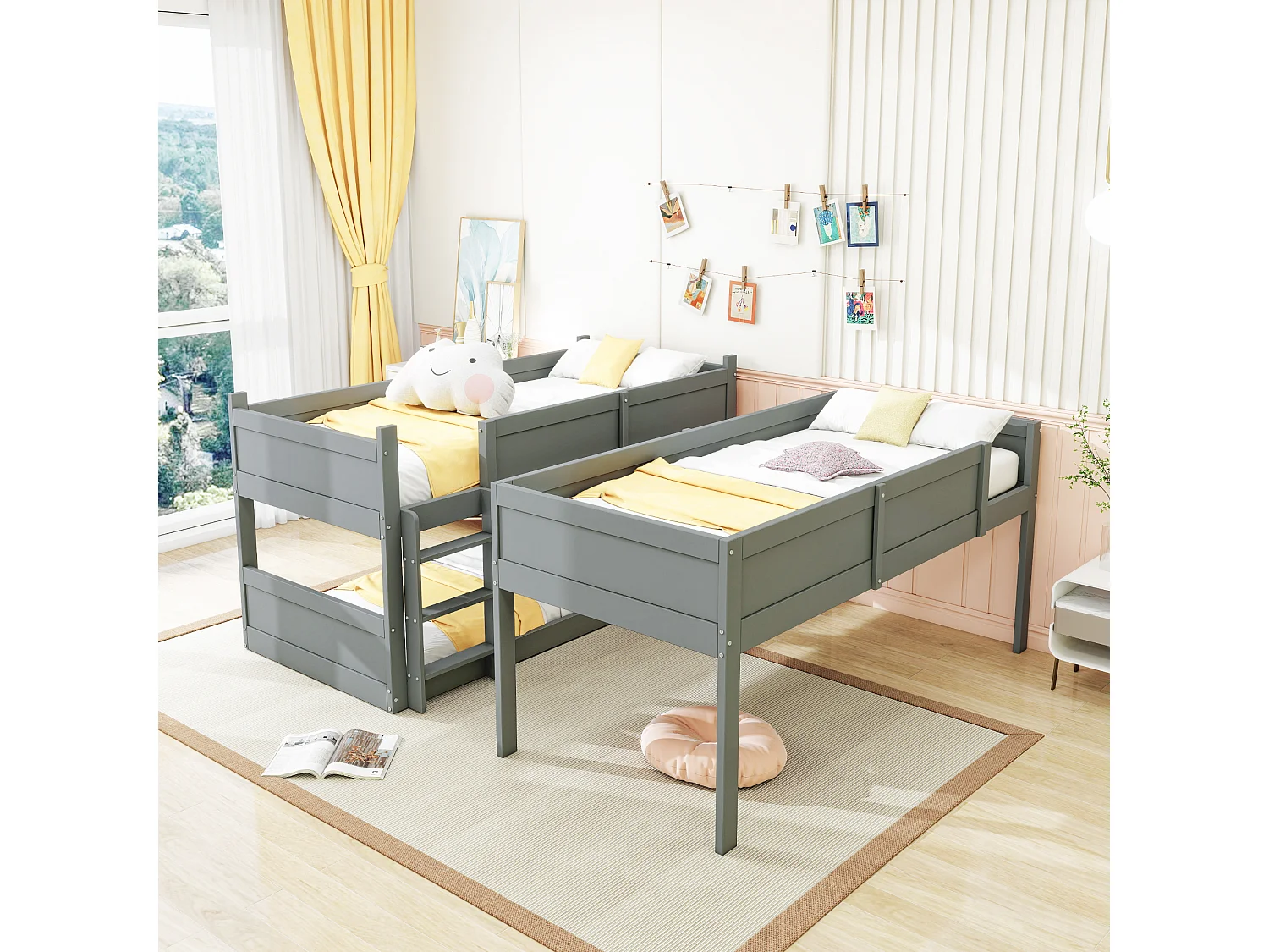 Łóżko piętrowe 3-osobowe 3 x 90 x 200 cm z barierkami - drewno sosnowe + MDF - szare (bez materaca)