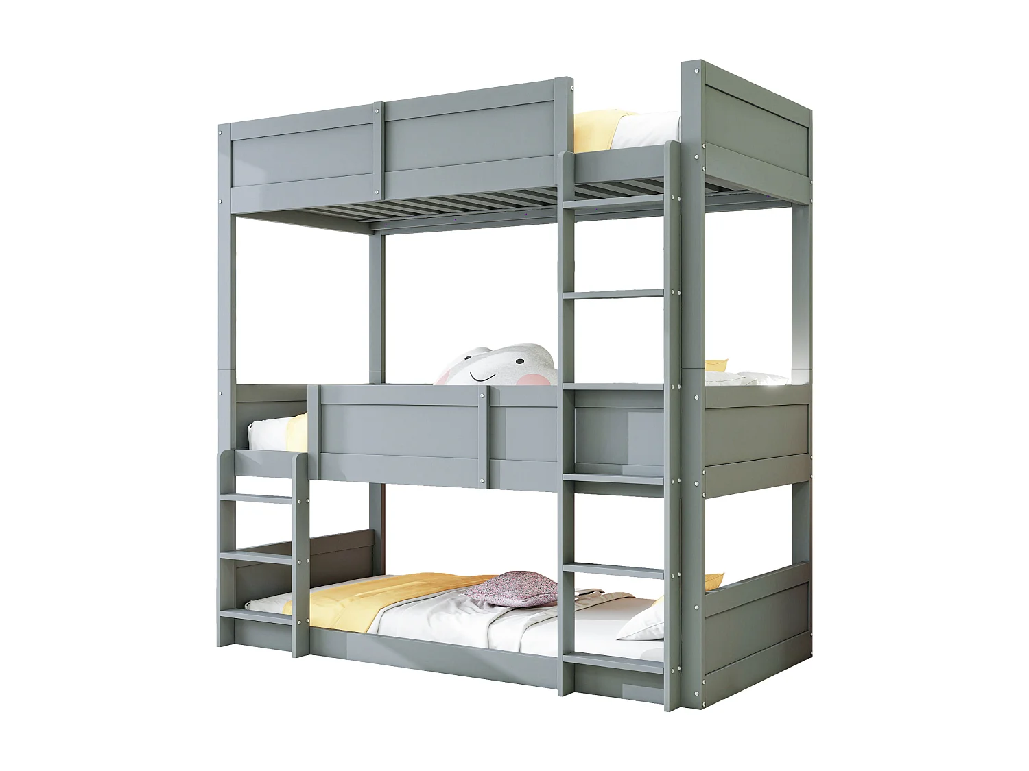 Łóżko piętrowe 3-osobowe 3 x 90 x 200 cm z barierkami - drewno sosnowe + MDF - szare (bez materaca)