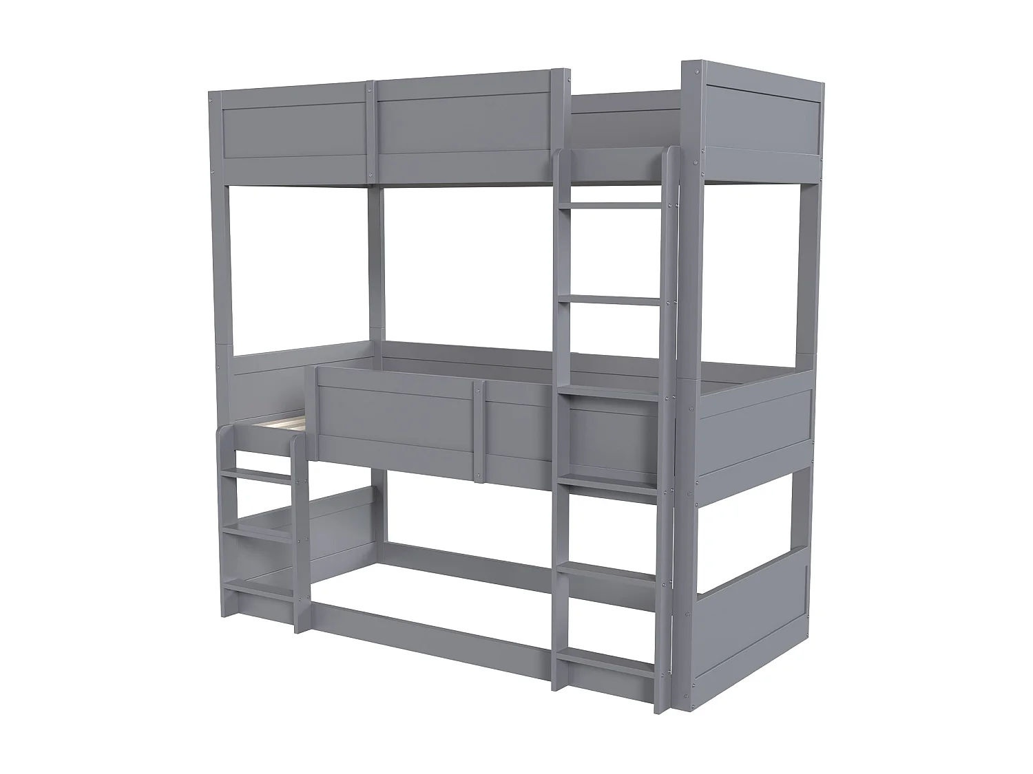 Łóżko piętrowe 3-osobowe 3 x 90 x 200 cm z barierkami - drewno sosnowe + MDF - szare (bez materaca)