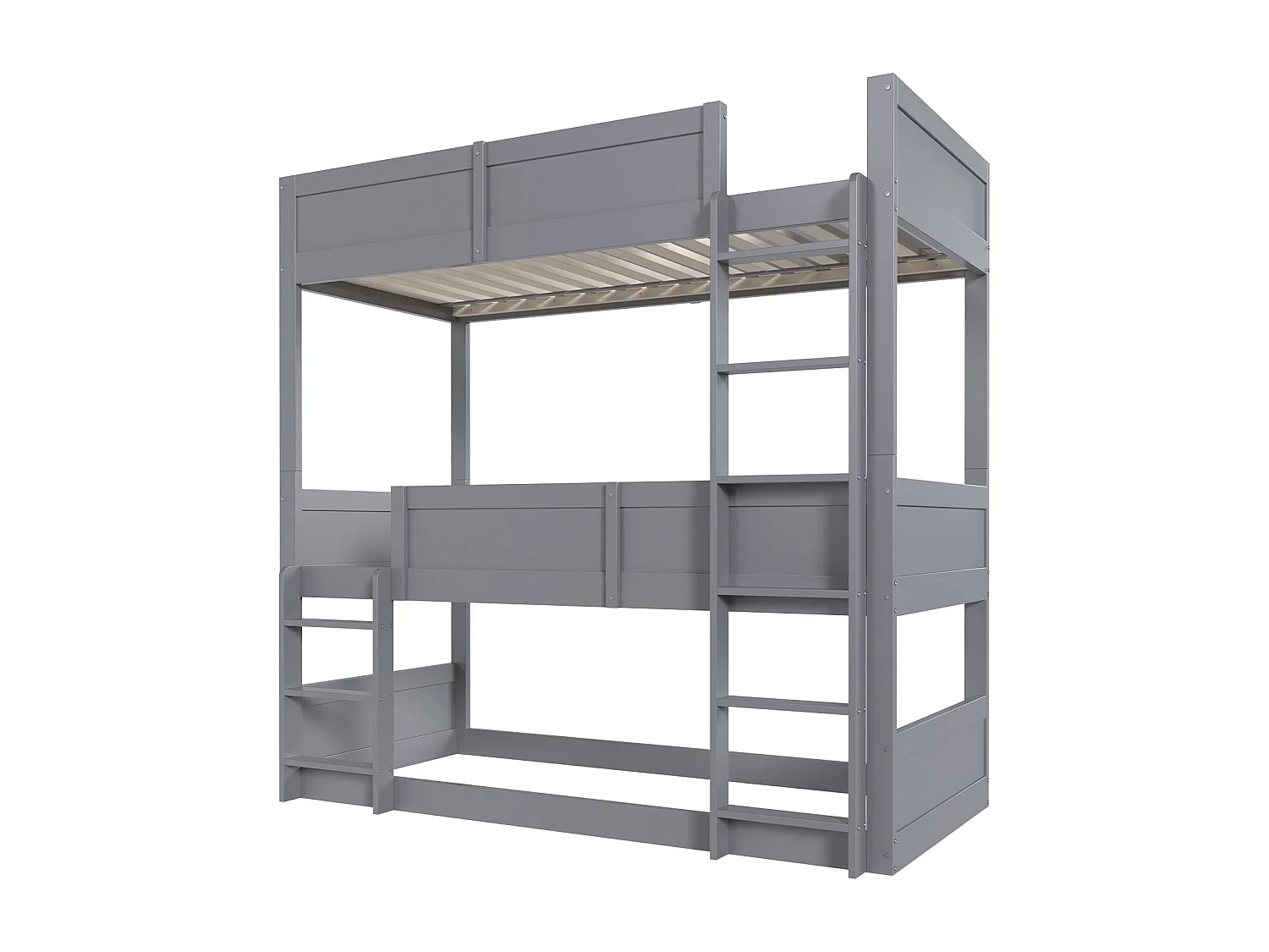 Łóżko piętrowe 3-osobowe 3 x 90 x 200 cm z barierkami - drewno sosnowe + MDF - szare (bez materaca)