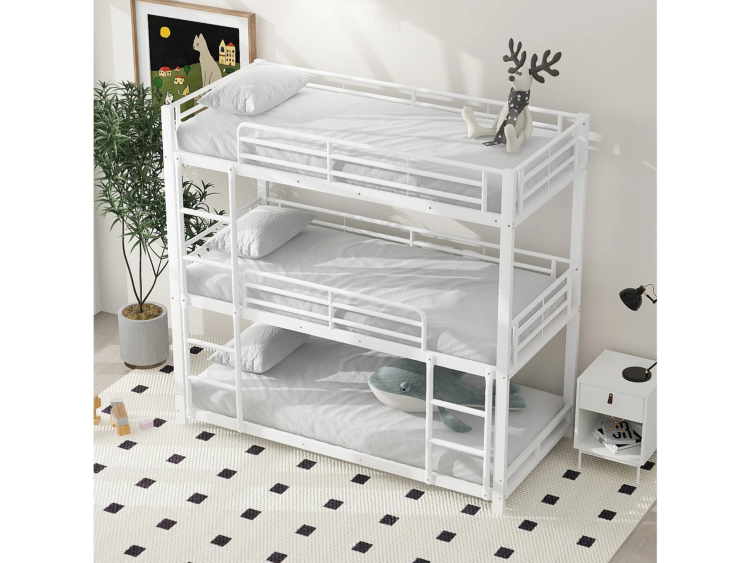 Lits superposés triple 3 x 90 x 200 cm avec échelles - métal - sommier à lattes - blanc  (sans matelas)