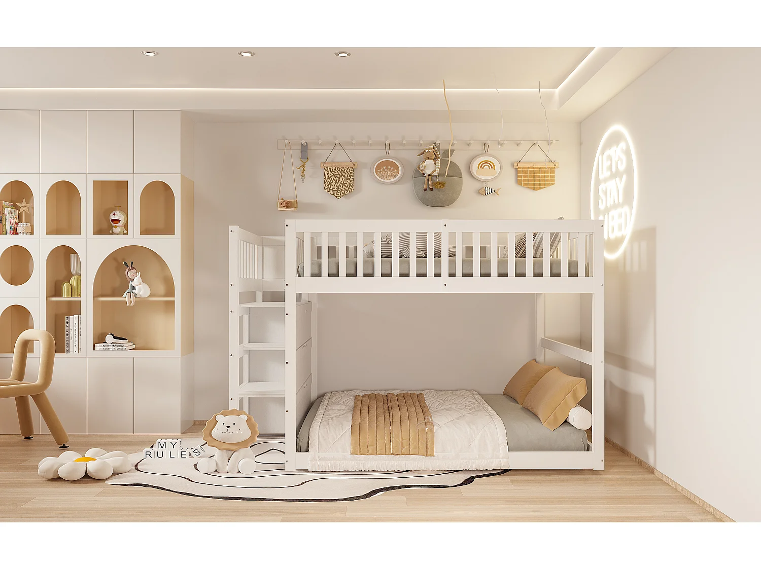 Stapelbedden 2 x 140 x 200 cm met 4 lades en trap - grenenhout + MDF - wit (zonder matras)