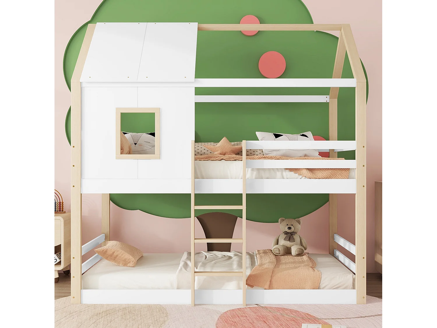 Łóżka piętrowe 2 x 90 x 200 cm z drabinką i drążkiem - drewno sosnowe - stelaż z listew - naturalny + biały