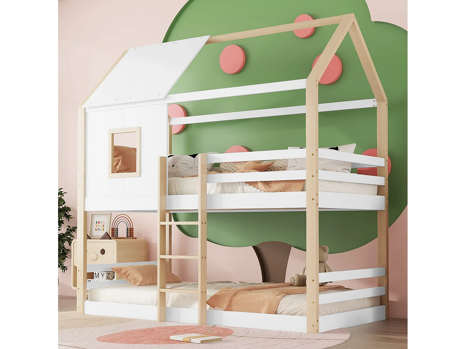 Łóżka piętrowe 2 x 90 x 200 cm z drabinką i drążkiem - drewno sosnowe - stelaż z listew - naturalny + biały