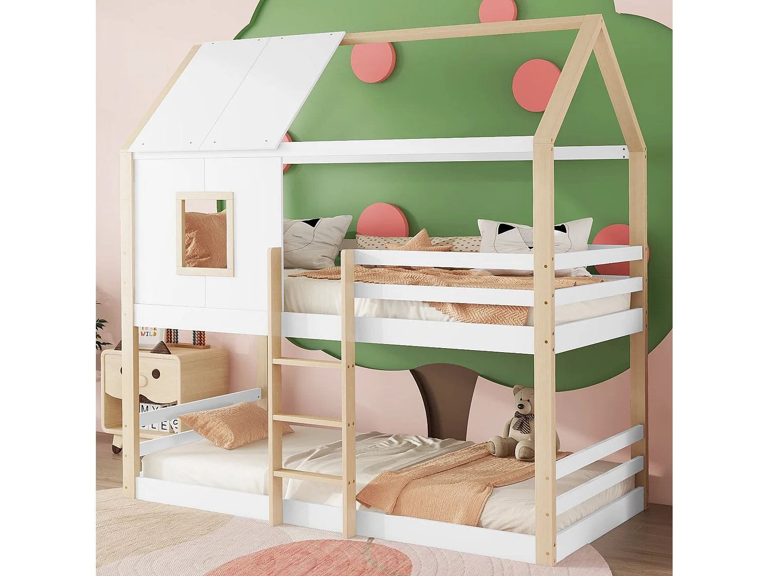 Łóżka piętrowe 2 x 90 x 200 cm z drabinką i drążkiem - drewno sosnowe - stelaż z listew - naturalny + biały