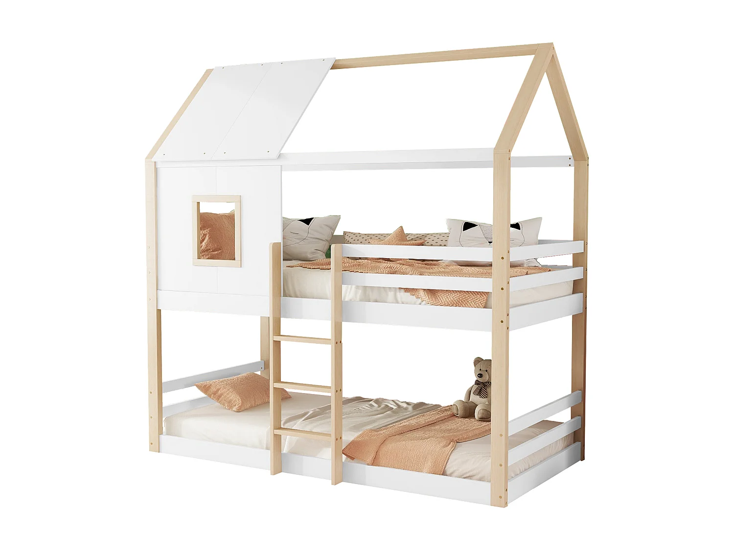 Łóżka piętrowe 2 x 90 x 200 cm z drabinką i drążkiem - drewno sosnowe - stelaż z listew - naturalny + biały