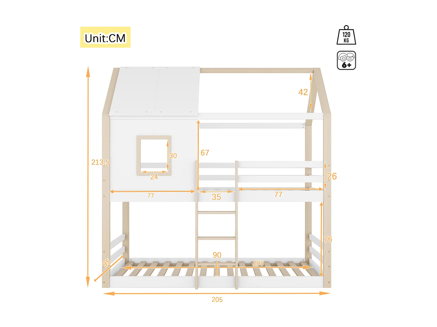 Łóżka piętrowe 2 x 90 x 200 cm z drabinką i drążkiem - drewno sosnowe - stelaż z listew - naturalny + biały