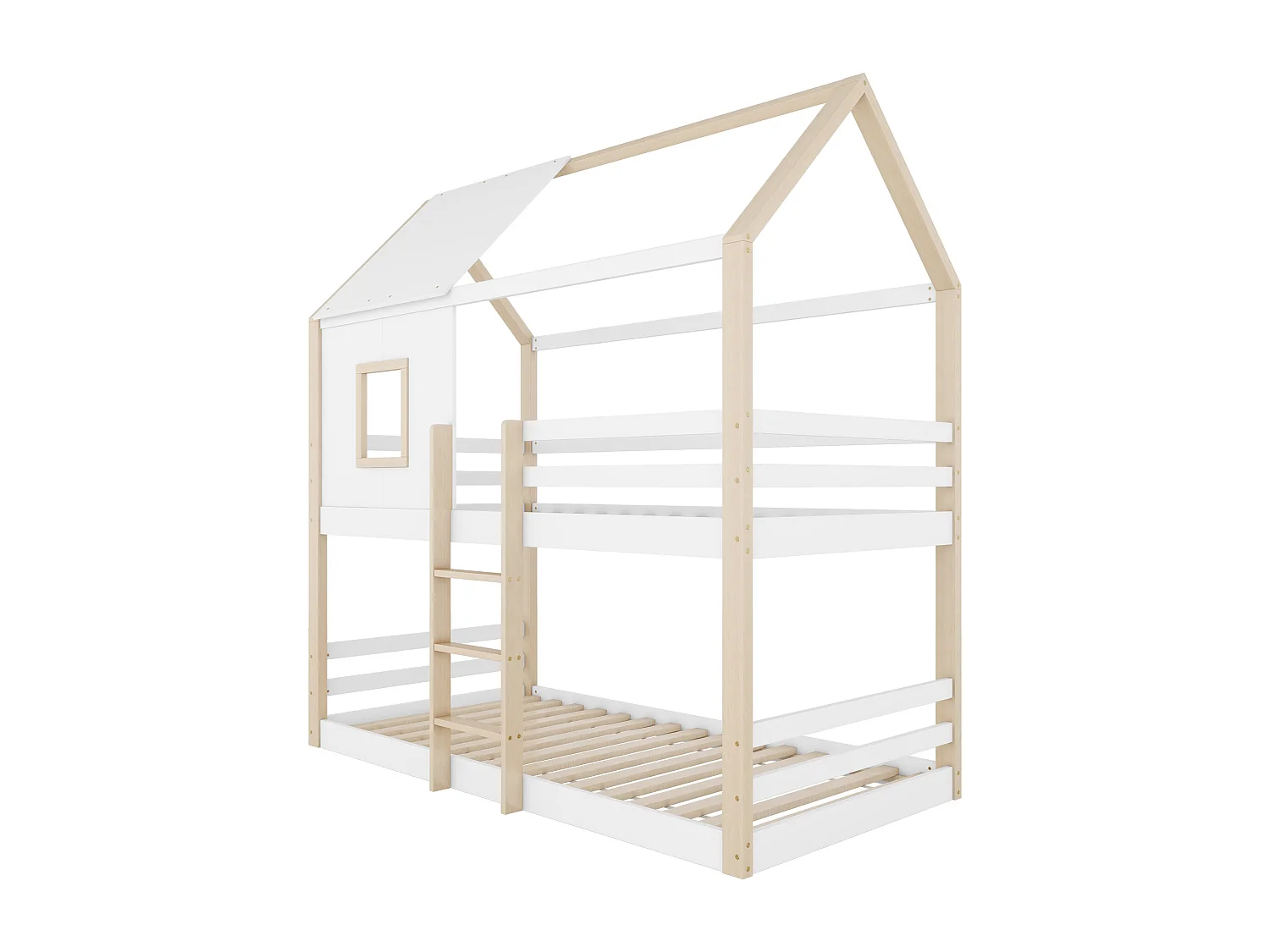 Łóżka piętrowe 2 x 90 x 200 cm z drabinką i drążkiem - drewno sosnowe - stelaż z listew - naturalny + biały