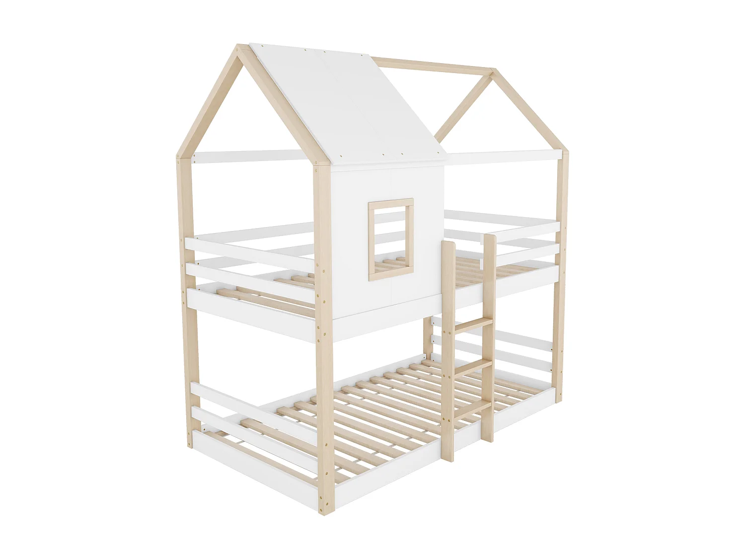 Łóżka piętrowe 2 x 90 x 200 cm z drabinką i drążkiem - drewno sosnowe - stelaż z listew - naturalny + biały