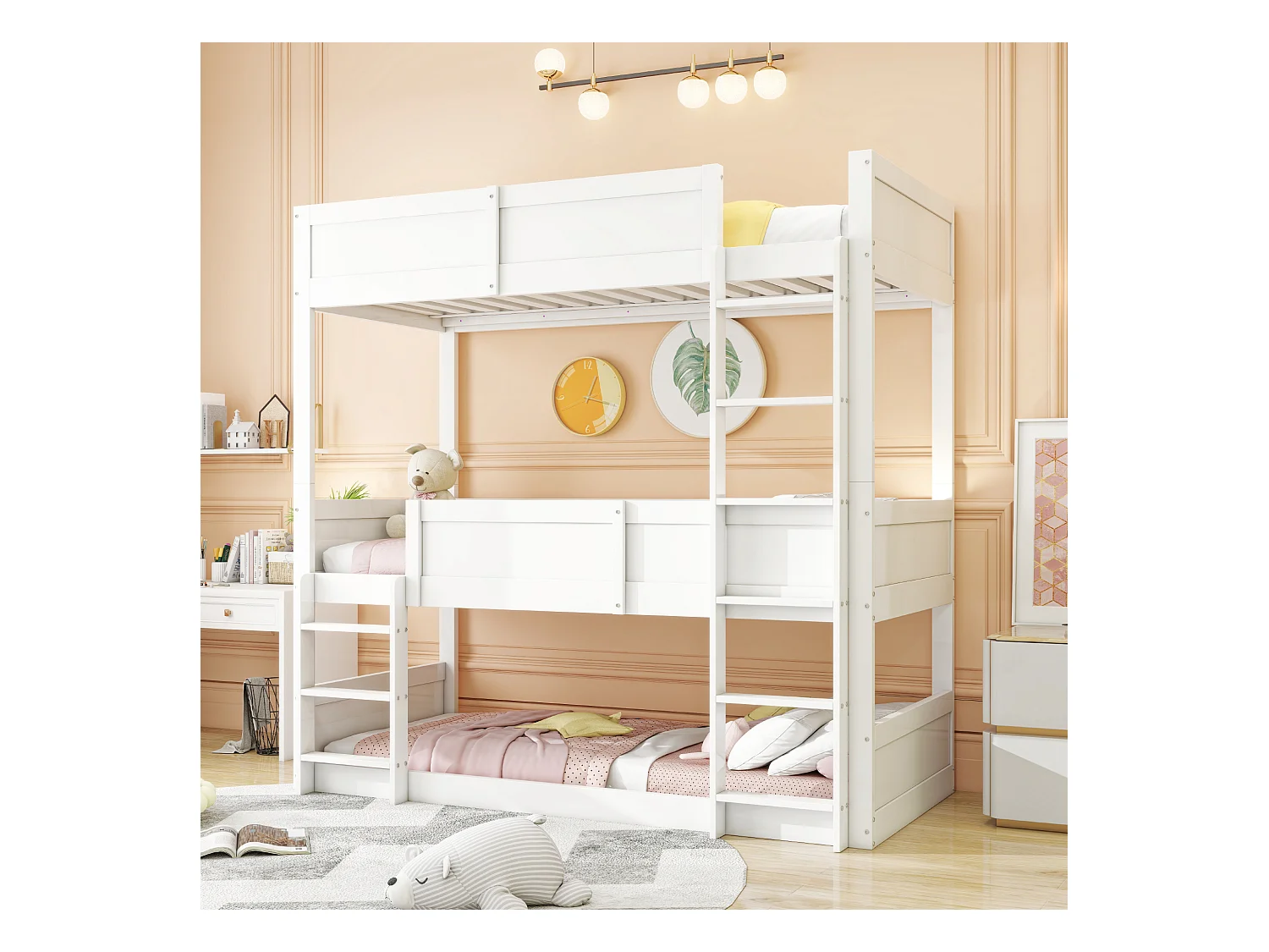 Lits superposés triples séparables 3 x 90 x 200 cm avec barrières de sécurité - bois de pin + MDF - blanc (sans matelas)