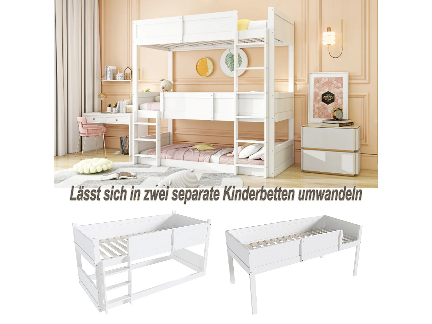 Łóżko piętrowe 3-osobowe 3 x 90 x 200 cm z barierkami - drewno sosnowe + MDF - białe (bez materaca)