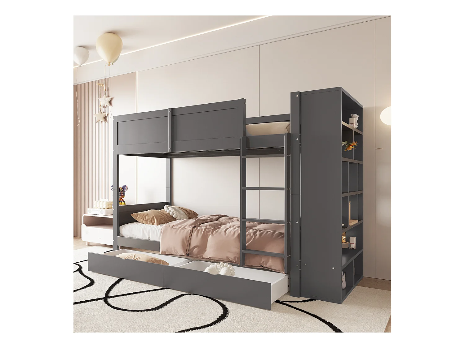 Lits superposés 2 x 90 x 200 cm avec 2 tiroirs et armoire latérale - bois de pin + MDF - gris (sans matelas)