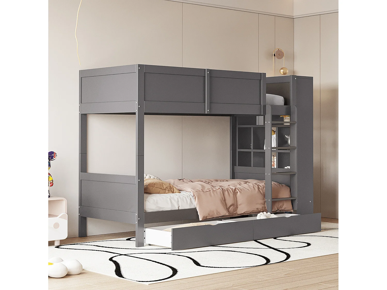 Stapelbedden 2 x 90 x 200 cm met 2 lades en zijkast - grenenhout + MDF - grijs (zonder matras)