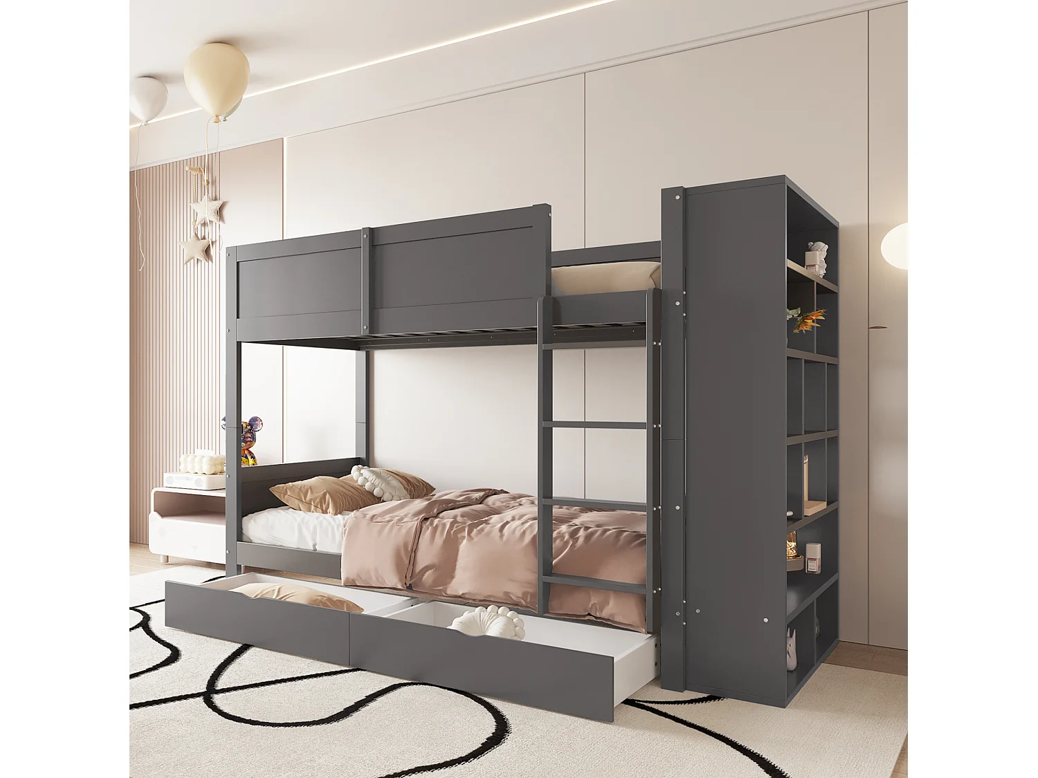 Lits superposés 2 x 90 x 200 cm avec 2 tiroirs et armoire latérale - bois de pin + MDF - gris (sans matelas)