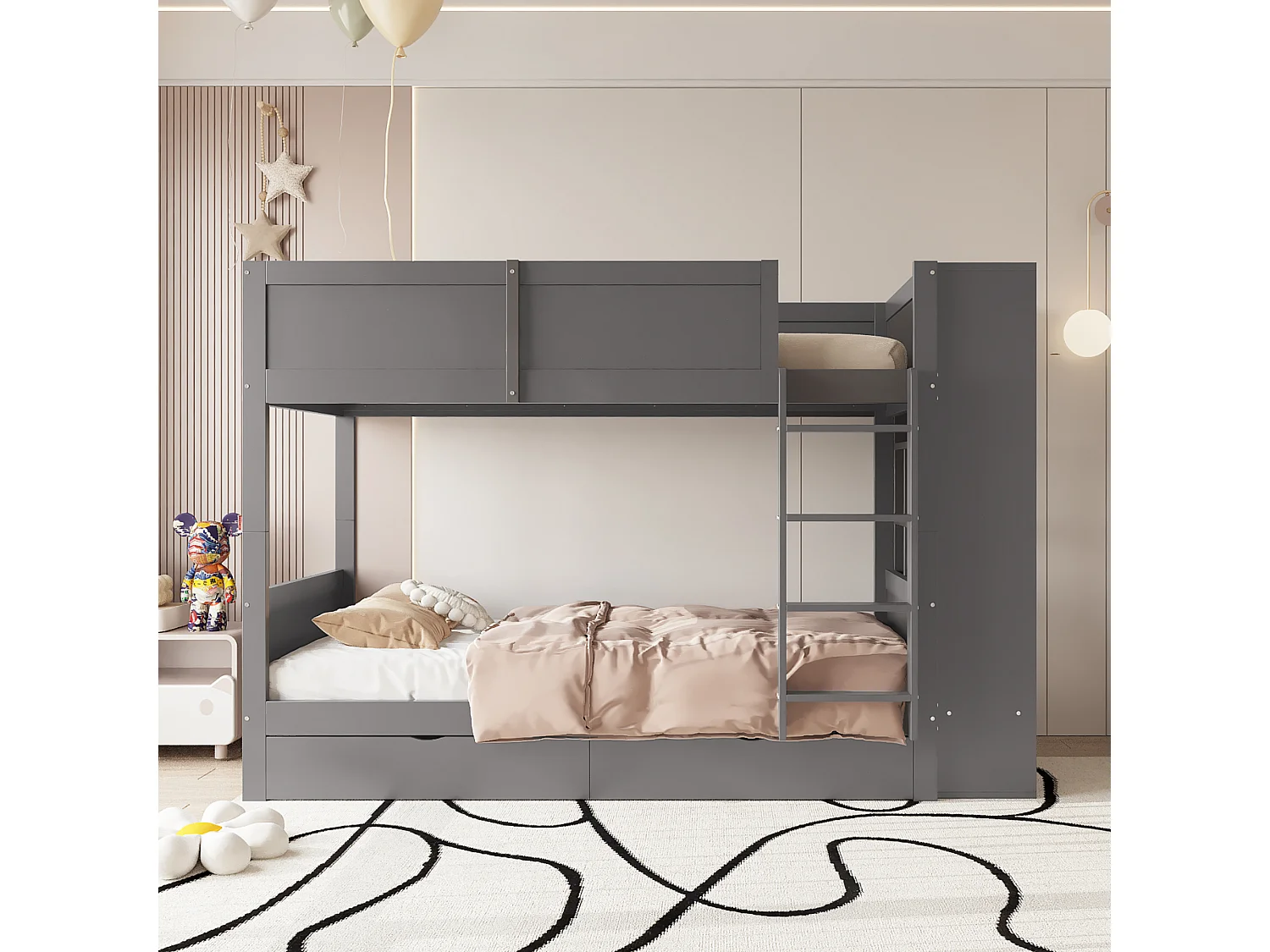 Lits superposés 2 x 90 x 200 cm avec 2 tiroirs et armoire latérale - bois de pin + MDF - gris (sans matelas)