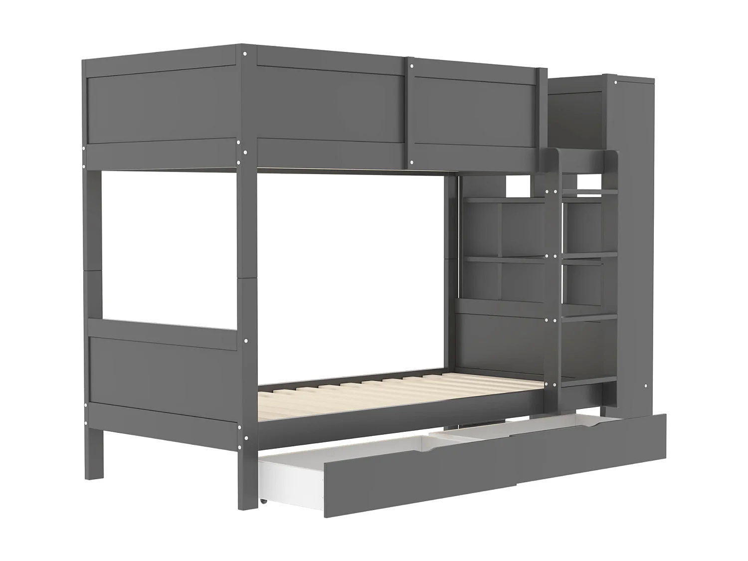 Lits superposés 2 x 90 x 200 cm avec 2 tiroirs et armoire latérale - bois de pin + MDF - gris (sans matelas)