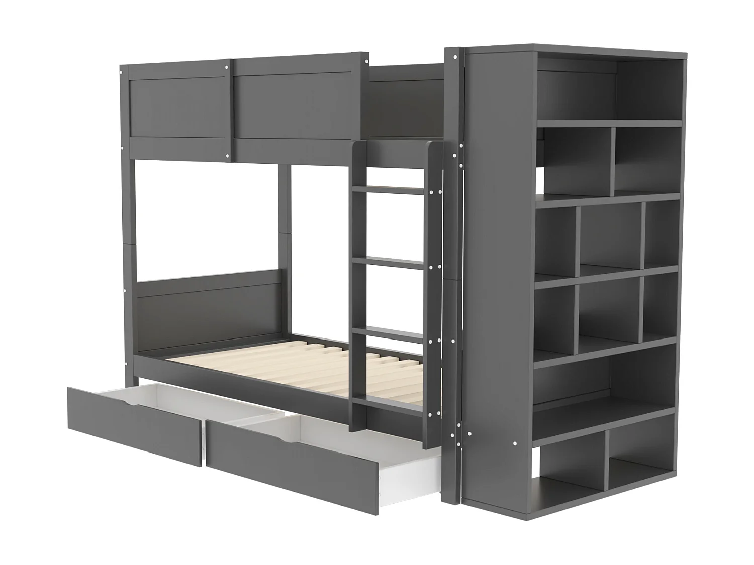 Lits superposés 2 x 90 x 200 cm avec 2 tiroirs et armoire latérale - bois de pin + MDF - gris (sans matelas)