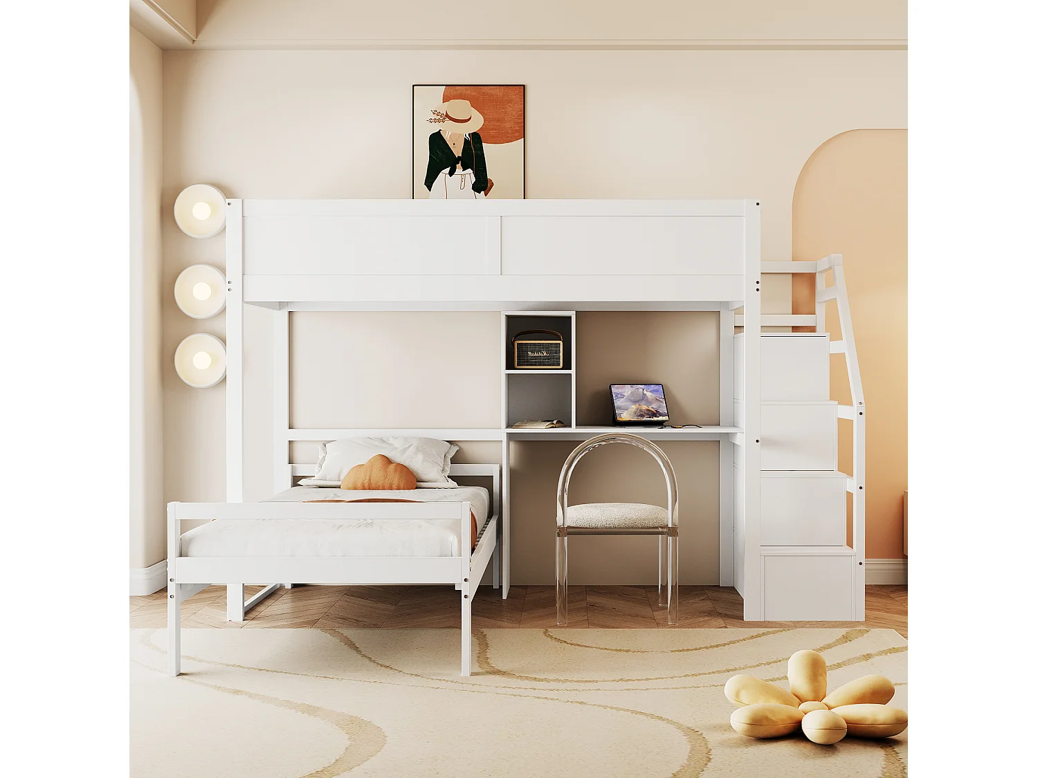 Lits superposés 2 x 90 x 200 cm avec bureau, 4 tiroirs et étagères - bois de pin + MDF - blanc (sans matelas)