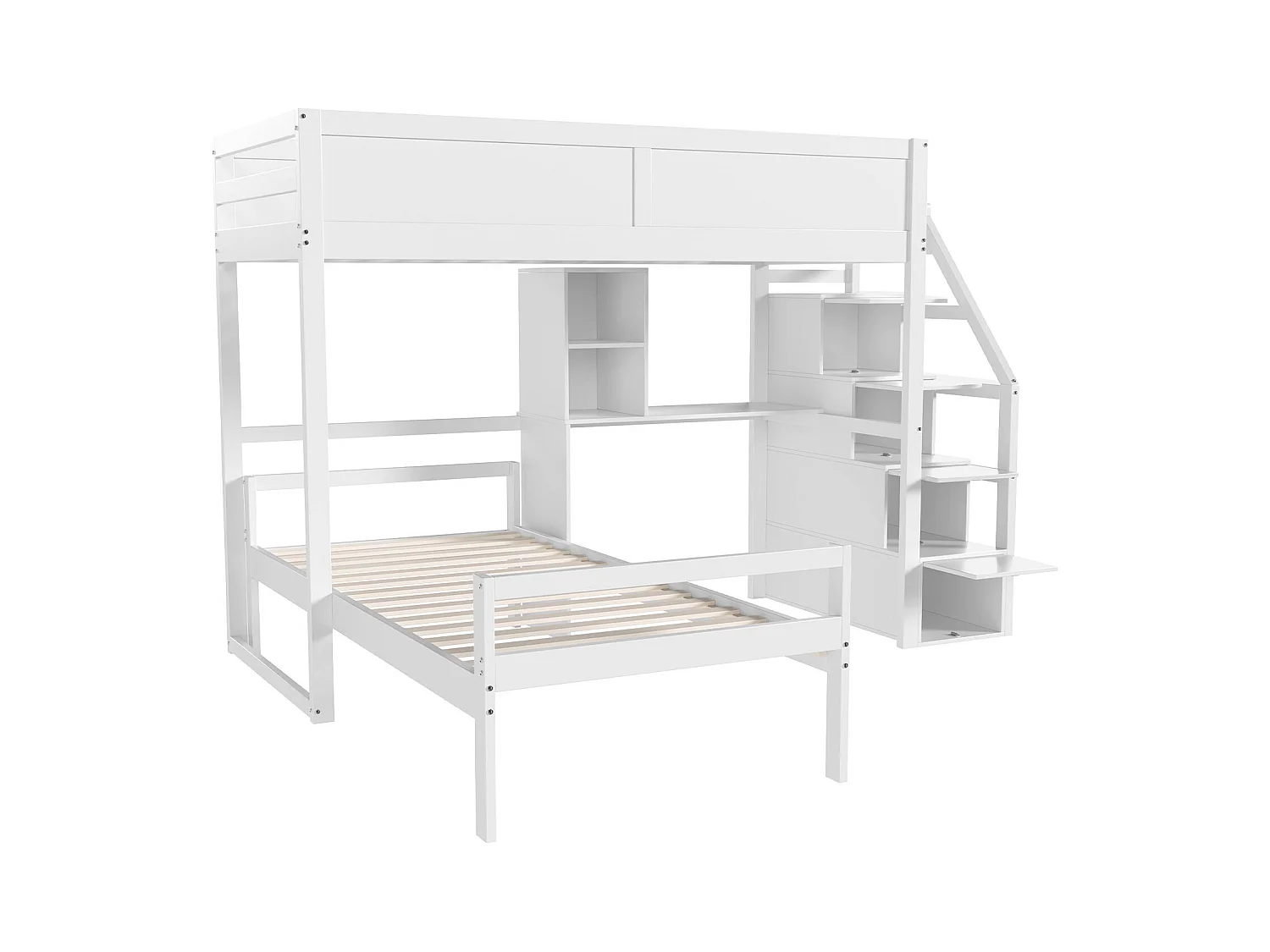 Lits superposés 2 x 90 x 200 cm avec bureau, 4 tiroirs et étagères - bois de pin + MDF - blanc (sans matelas)