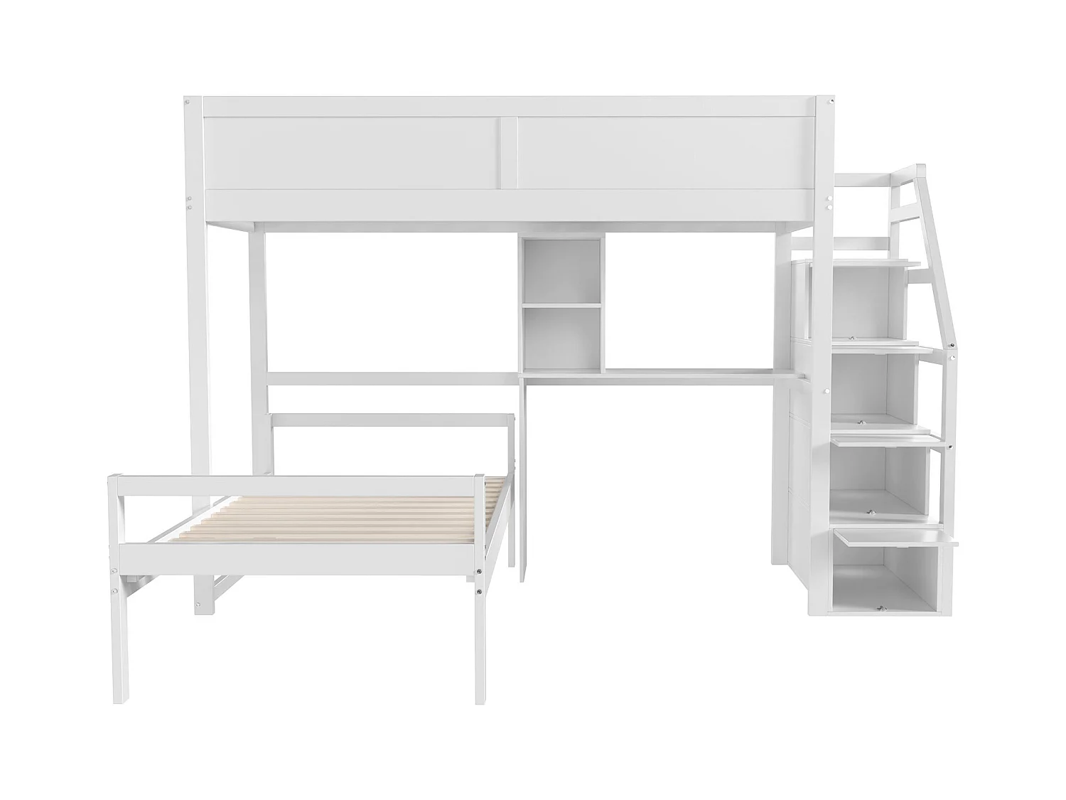 Lits superposés 2 x 90 x 200 cm avec bureau, 4 tiroirs et étagères - bois de pin + MDF - blanc (sans matelas)