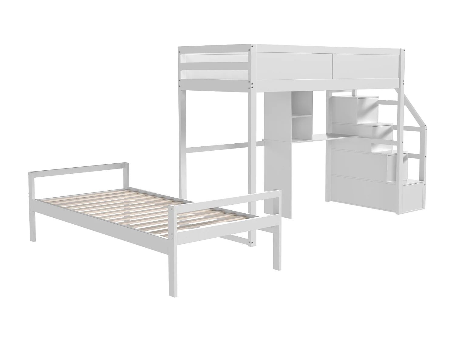 Lits superposés 2 x 90 x 200 cm avec bureau, 4 tiroirs et étagères - bois de pin + MDF - blanc (sans matelas)