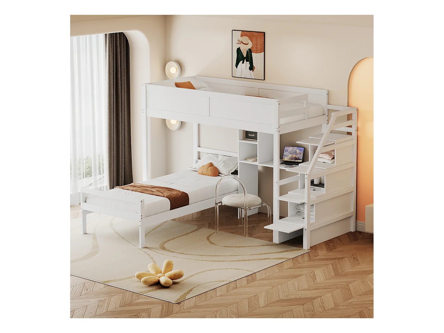Lits superposés 2 x 90 x 200 cm avec bureau, 4 tiroirs et étagères - bois de pin + MDF - blanc (sans matelas)