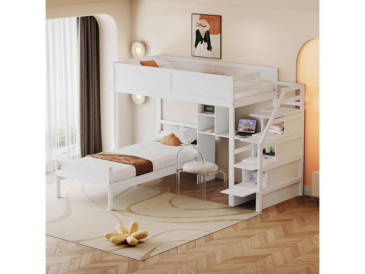 Sapgaks Lettino 90 x 200 cm, letto a castello per bambini, letto matrimoniale 140 x 200, letto a soppalco, multifunzione, con letto a rotelle e scale, bianco