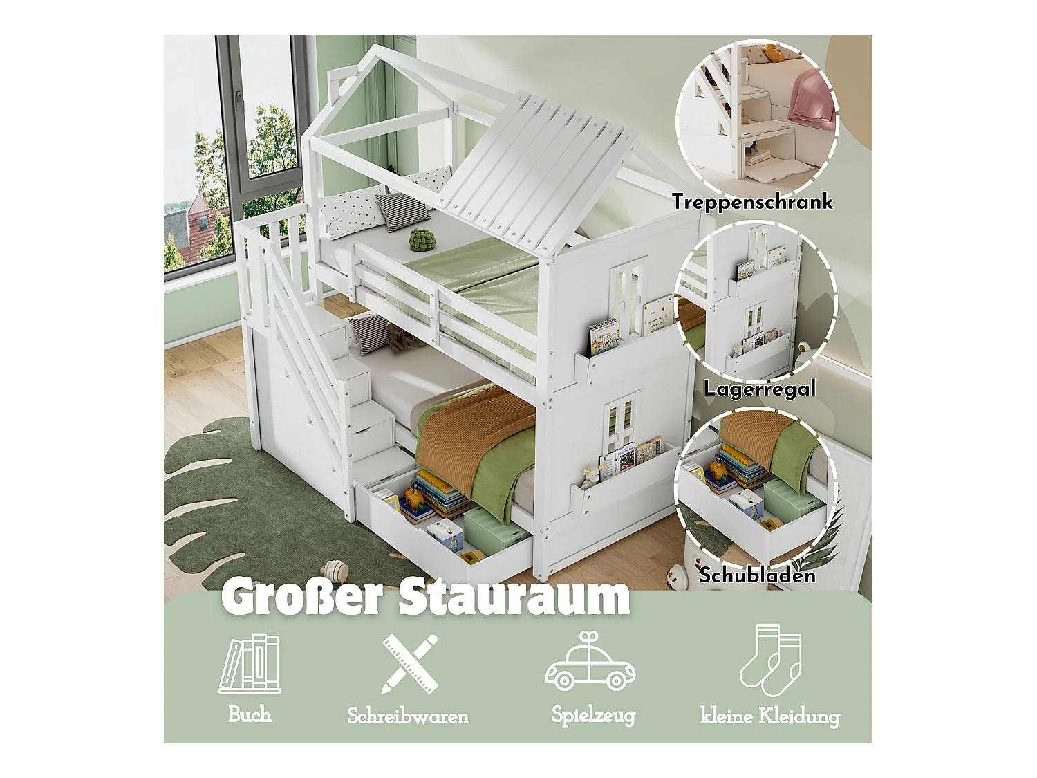 Lits superposés 2 x 90 x 200 cm avec escaliers de rangement & tiroirs & étagères -  pin + MDF - blanc (sans matelas)